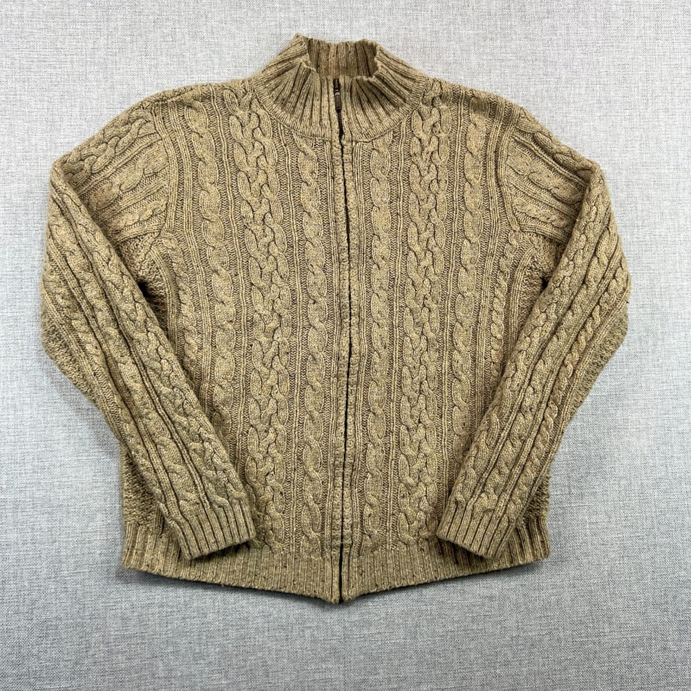 CC Hughes Silk Wool Blend Cable Knit Sweater Women M Full Zip Cardigan Fisherman